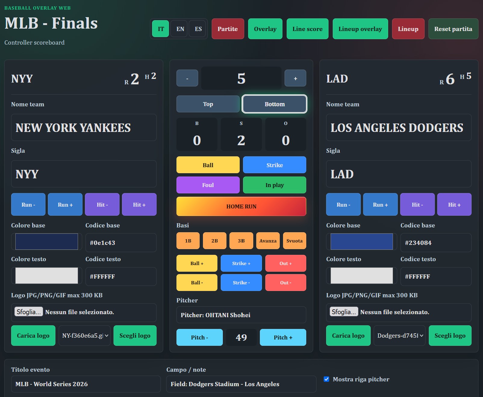 Controller web Baseball Overlay con comandi scoreboard
